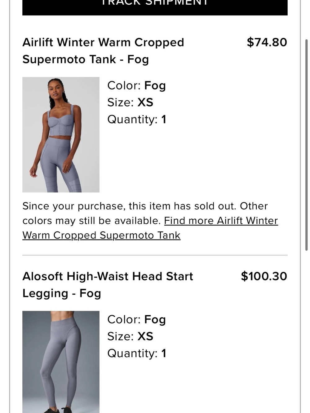 ALO Set- XS Airlift Winter Warm Supermoto Tank &  High-Rise Leggings in Fog